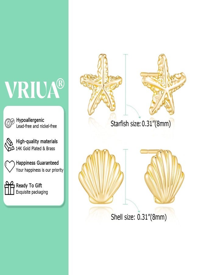 VRIUA أقراط VRIUA الذهبية المرصعة للنساء - طقم أقراط مرصعة صغيرة مطلية بالذهب عيار 14 قيراطًا بتصميم نجمة البحر وصدفة صغيرة، مستوحاة من مجوهرات الشاطئ والمحيط الصيفية - Image 4